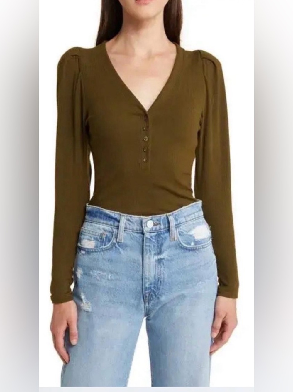 Frame Denim Olive V-Neck Ribbed Long Sleeve Top